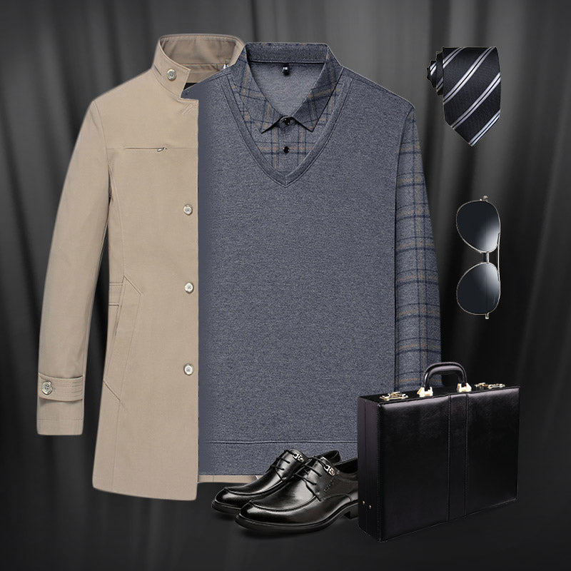 Herren Fake Zweiteiler mit Revers Langarm Oberteile