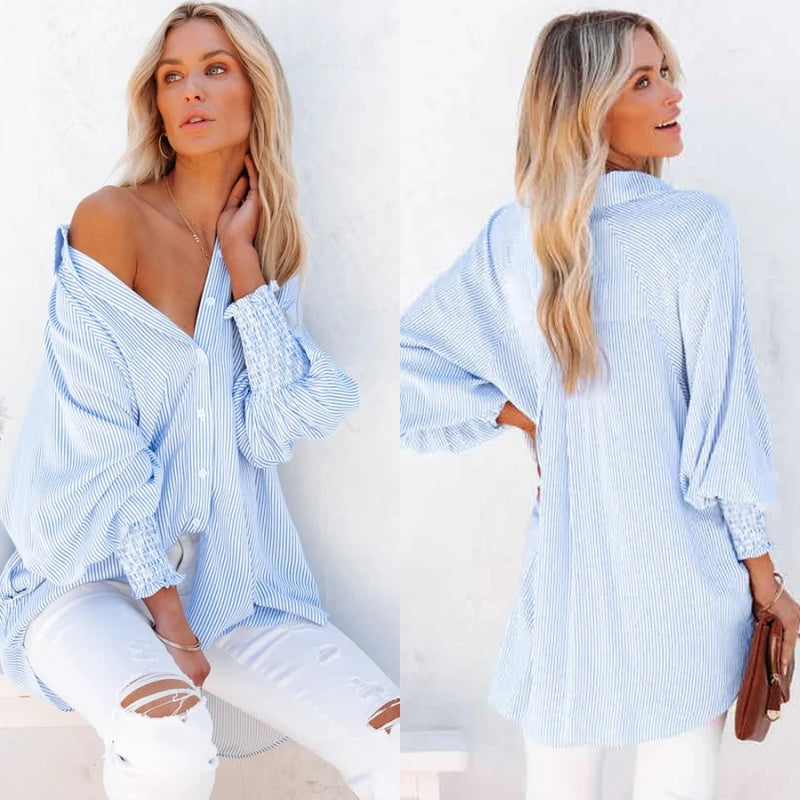 🌞Frühlingserwachen: 50% Rabatt!🌸Oversized Streifenhemd "Smock-Chic" – Luftiger Boyfriend-Style mit gesmokten Manschetten