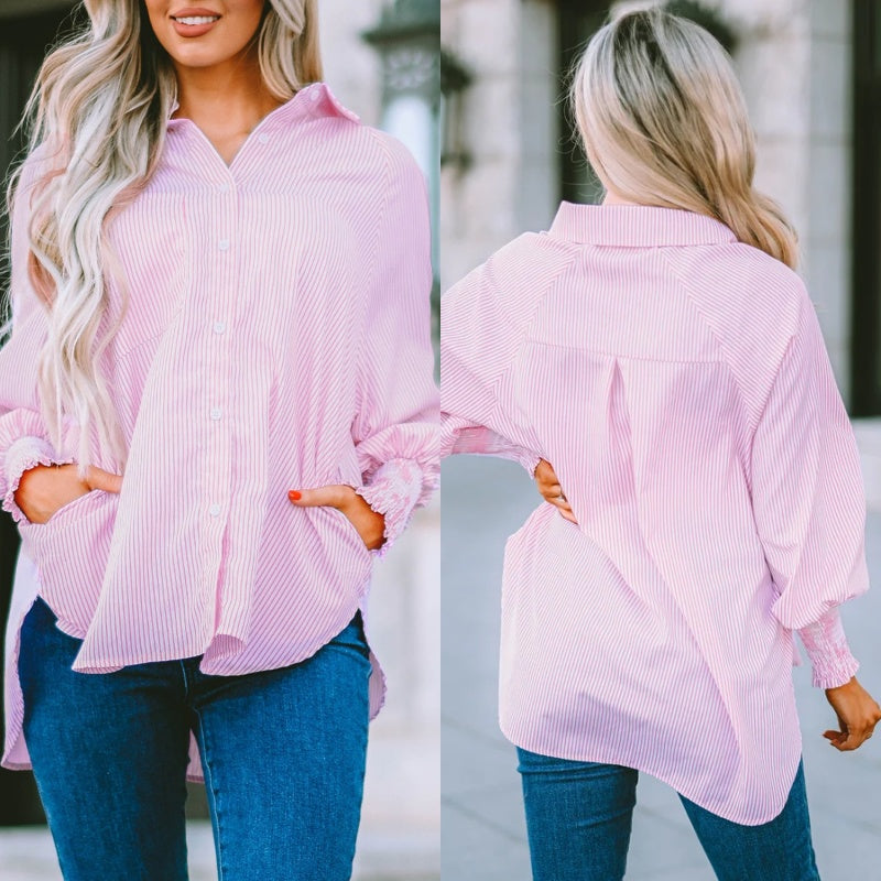 🌞Frühlingserwachen: 50% Rabatt!🌸Oversized Streifenhemd "Smock-Chic" – Luftiger Boyfriend-Style mit gesmokten Manschetten
