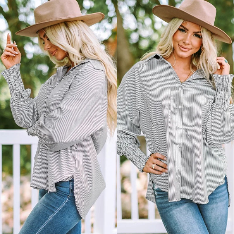 🌞Frühlingserwachen: 50% Rabatt!🌸Oversized Streifenhemd "Smock-Chic" – Luftiger Boyfriend-Style mit gesmokten Manschetten