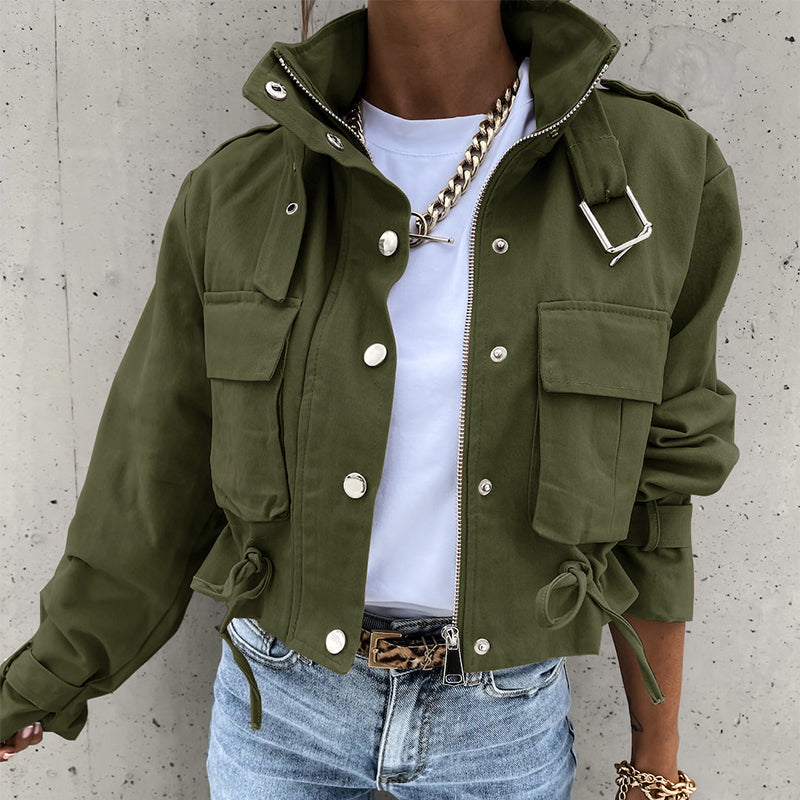 🌞Frühlingserwachen: 50% Rabatt!🎉Urban Utility Kurzjacke "Military Chic" – Mit Stehkragen & verstellbarem Kordelzug