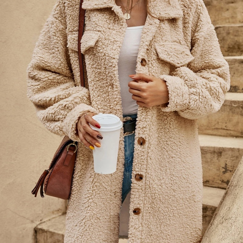 Trendige knielange flauschige Winterjacke für Frauen