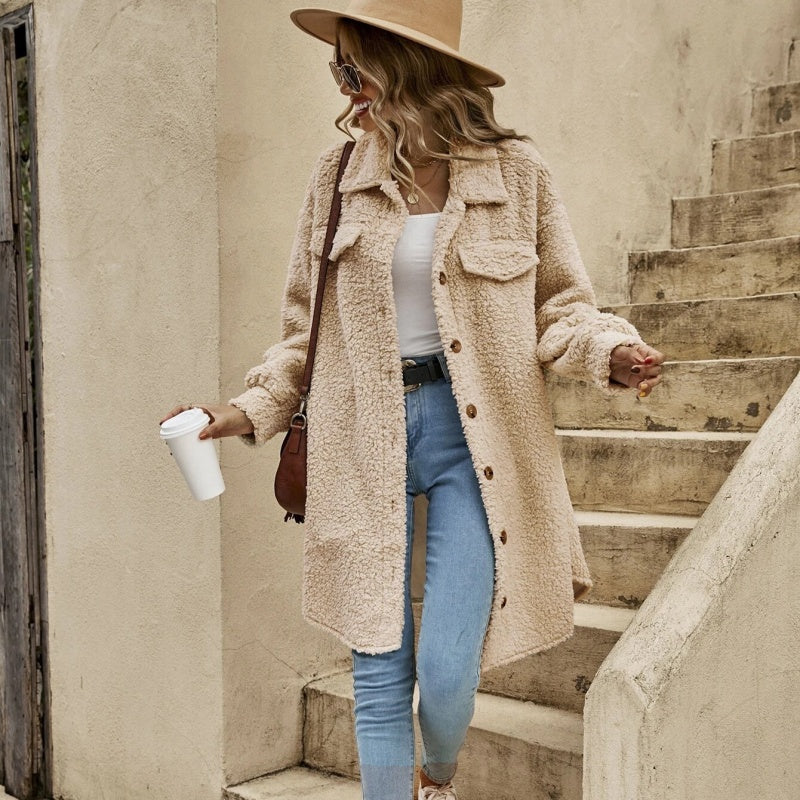 Trendige knielange flauschige Winterjacke für Frauen