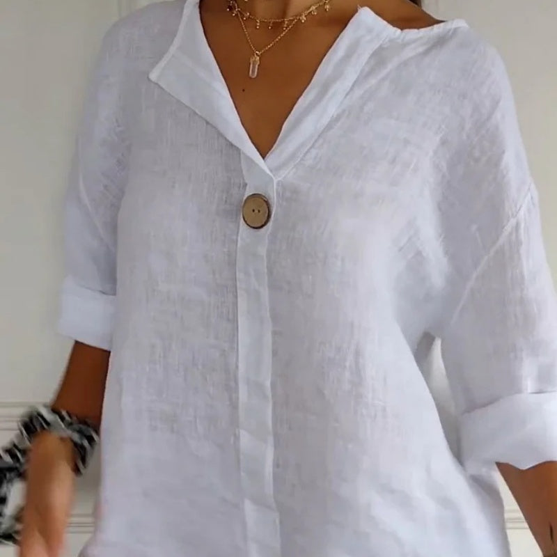 🌞Frühlingserwachen: 50% Rabatt!✨Damen Lockeres Baumwoll-Leinen V-Ausschnitt Shirt – Atmungsaktiv, Schmeichelhaft & Vielseitig
