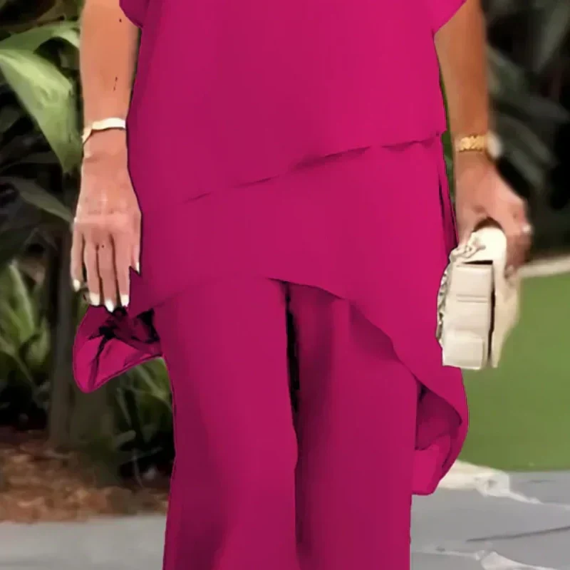 🌞Frühlingserwachen: 50% Rabatt!👗 Damen-Chiffon-Zweiteiler – Asymmetrisches Doppellagiges Top & Weite Hose – Atmungsaktiv & Elegant für Frühling & Urlaub