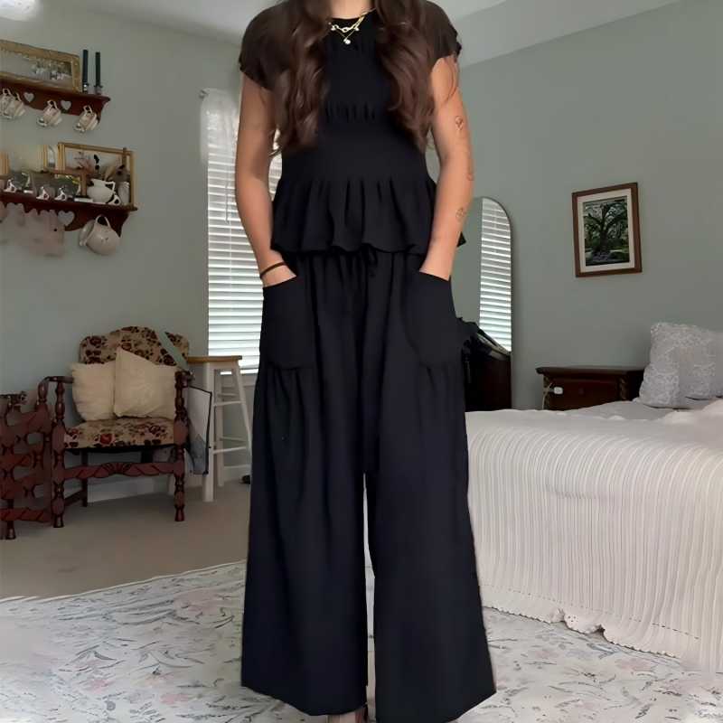 🌞Frühlingserwachen: 50% Rabatt!✨Damen Gesmoktes Zweiteiler Set – Weite Bein Hose & Strukturierte Bluse, Vielseitig für Büro & Alltag