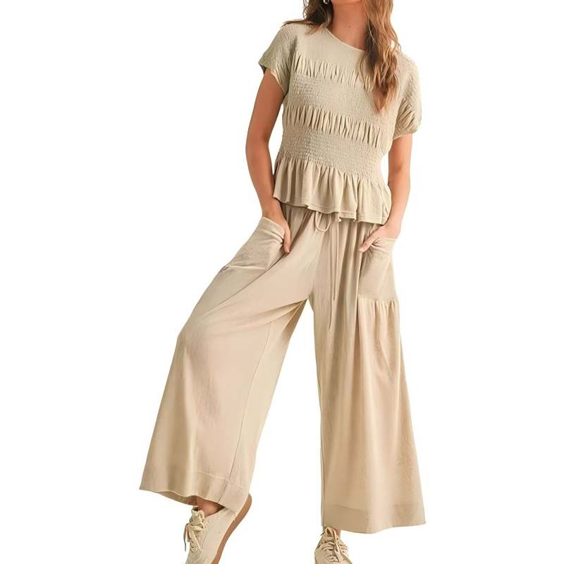🌞Frühlingserwachen: 50% Rabatt!✨Damen Gesmoktes Zweiteiler Set – Weite Bein Hose & Strukturierte Bluse, Vielseitig für Büro & Alltag