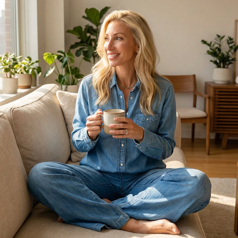 🎉 Neujahrsgeschenk – 50% RABATT!👖 Damen 2-teiliger Fake-Denim-Pyjama (Stylisch & Bequem) – Auch draußen tragbar: Entspannung & Lounging im Trendlook!