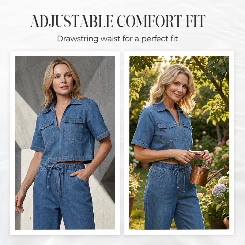 🎉 Neujahrsgeschenk – 50% RABATT!👖 Lässiges Denim-Zweiteiler-Set für Damen: Crop-Top + Weite Hose – bequem & stylisch für jeden Anlass!