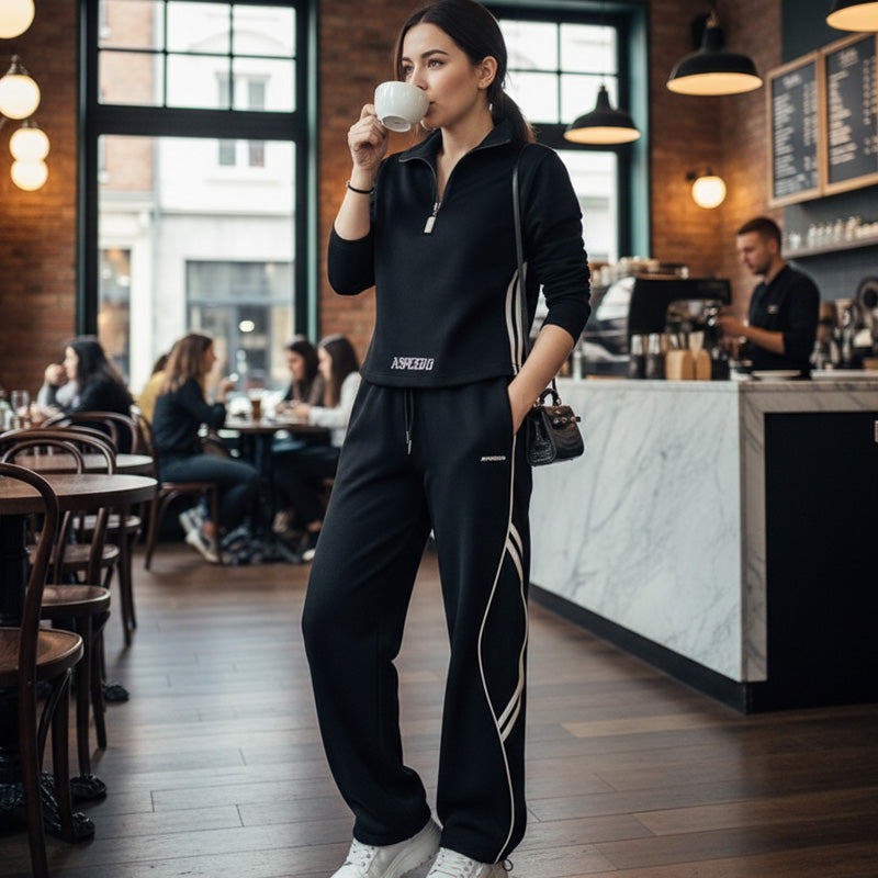 🌞Frühlingserwachen: 50% Rabatt!🏃‍♀️ Damen Sportlicher Trainingsanzug mit Halbreißverschluss – Weites Bein & Athleisure-Style