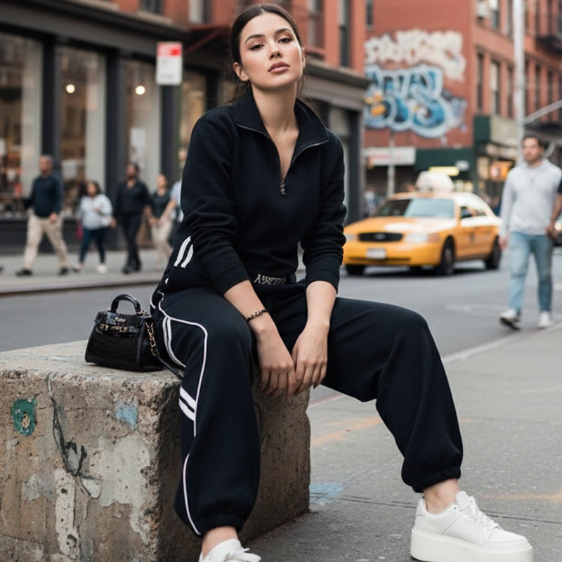 🌞Frühlingserwachen: 50% Rabatt!🏃‍♀️ Damen Sportlicher Trainingsanzug mit Halbreißverschluss – Weites Bein & Athleisure-Style