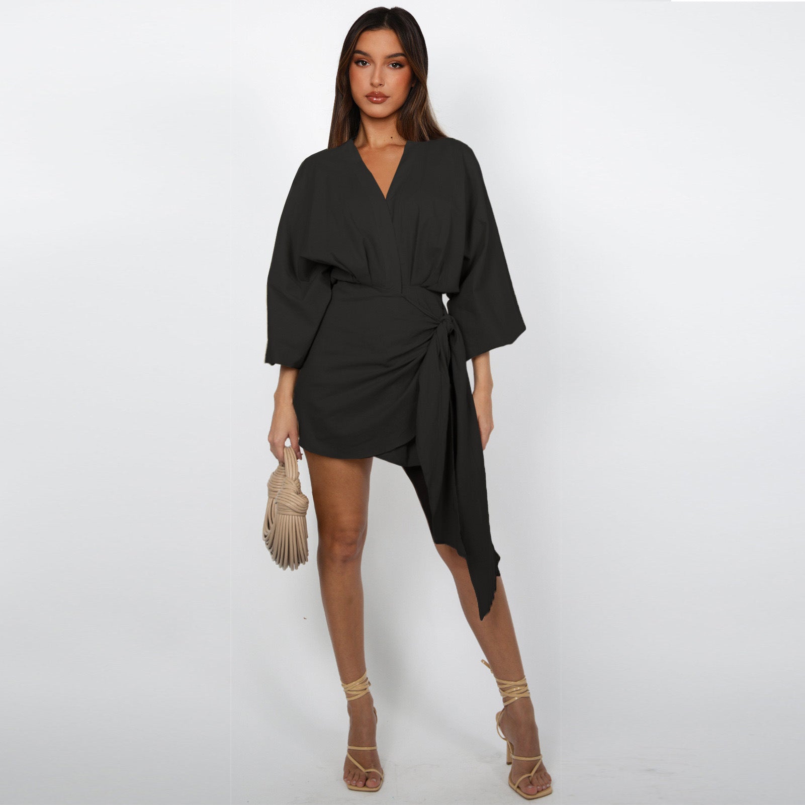 🌞Frühlingserwachen: 50% Rabatt!🔥 Damen Wickelkleid mit V-Ausschnitt & Kimono-Ärmeln – Figurbetontes Knotendetail, atmungsaktiv & vielseitig kombinierbar