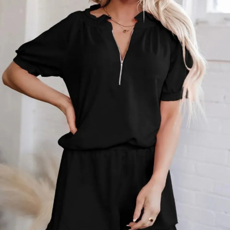 🌞Frühlingserwachen: 50% Rabatt!✨Stylisches 2-teiliges Damen-Set – Reißverschluss-Tee & Rüschensaum-Shorts für jeden Tag!