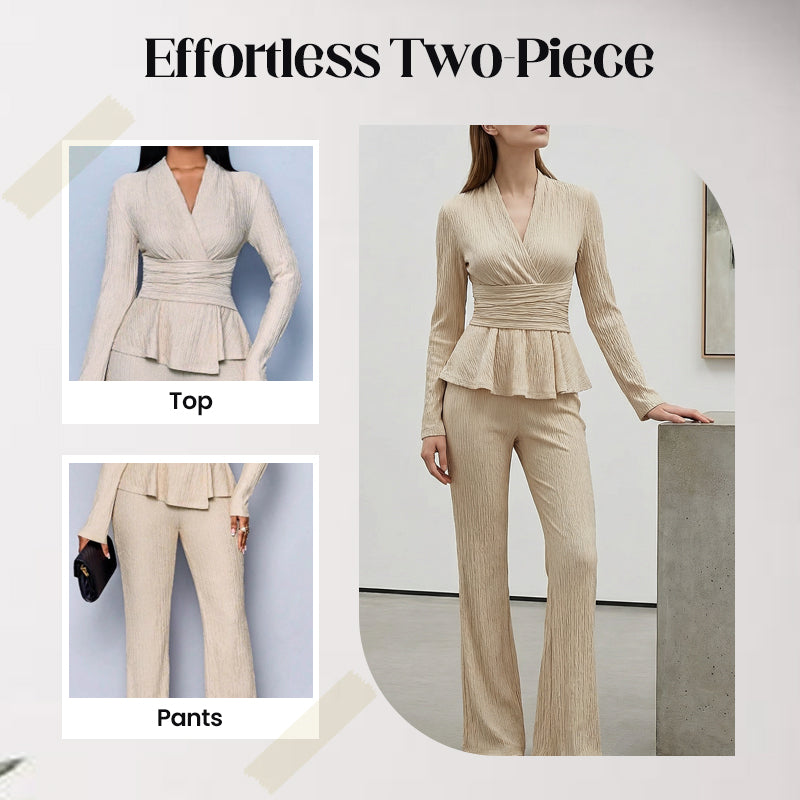 🌞Frühlingserwachen: 50% Rabatt!✨Damen 2-teiliges Peplum-Set – Crossover-V-Ausschnitt & Wickelgürtel, Strukturierter Stoff für Sanduhr-Silhouette