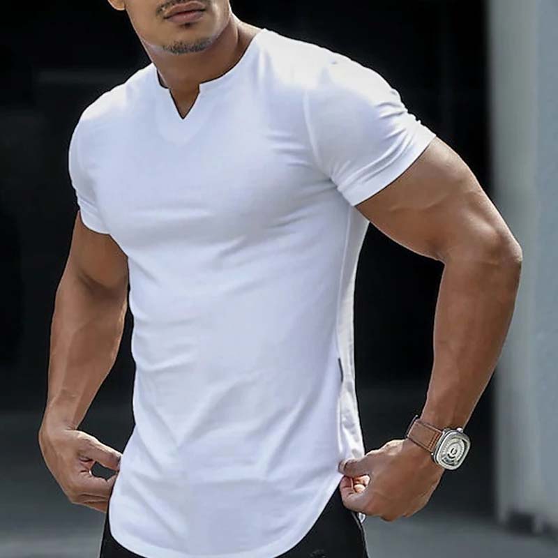🌞Frühlingserwachen: 50% Rabatt!✨ Herren Lässiges Einfarbiges Athletic T-Shirt – Gekerbter V-Ausschnitt, Slim Fit & Stretch-Stoff für Kraftvolle Silhouette