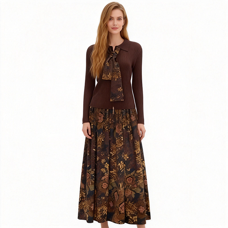 🌞Frühlingserwachen: 50% Rabatt!👗 Damen 2-Teilig Set – Rippstrickoberteil & Florales Maxiroch mit Krawatte