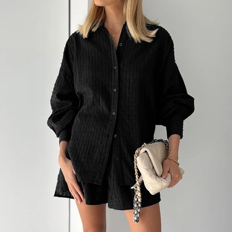 🌞Frühlingserwachen: 50% Rabatt!✨Urban Chic Damen Jacquard Zweiteiler – Puffärmel & Hochtaillierte Shorts, Elegant & Vielseitig für Büro & Abend