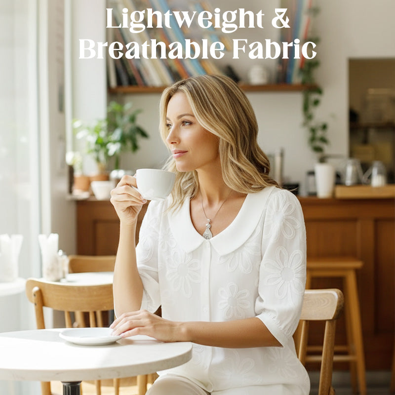 🌞Frühlingserwachen: 50% Rabatt!✨Damen Besticktes Retro-Hemd – Peter-Pan-Kragen & Puffärmel, 100% Baumwolle, Vielseitig für Alltag & Elegante Anlässe