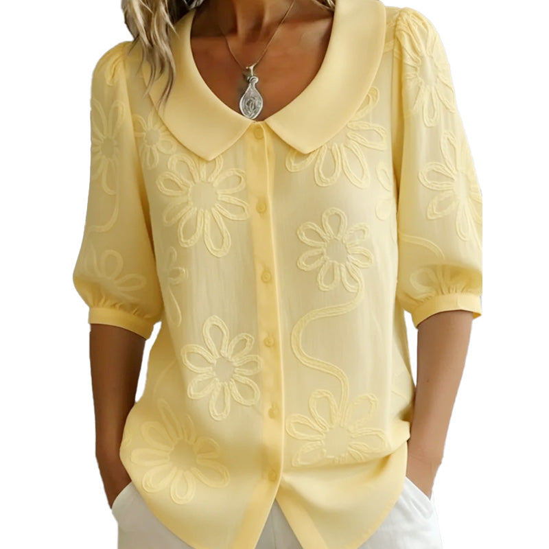 🌞Frühlingserwachen: 50% Rabatt!✨Damen Besticktes Retro-Hemd – Peter-Pan-Kragen & Puffärmel, 100% Baumwolle, Vielseitig für Alltag & Elegante Anlässe