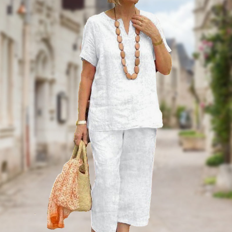 🌞Frühlingserwachen: 50% Rabatt!✨ Damen Lässiges Sommer-Set (Kurzarmhemd + Elastische Bund-Hose)