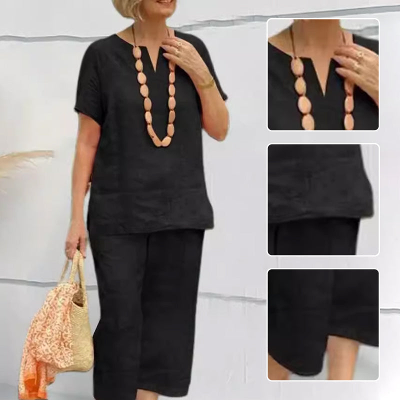 🌞Frühlingserwachen: 50% Rabatt!✨ Damen Lässiges Sommer-Set (Kurzarmhemd + Elastische Bund-Hose)