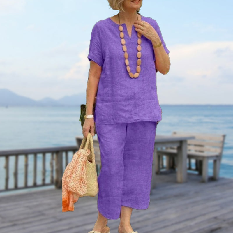 🌞Frühlingserwachen: 50% Rabatt!✨ Damen Lässiges Sommer-Set (Kurzarmhemd + Elastische Bund-Hose)