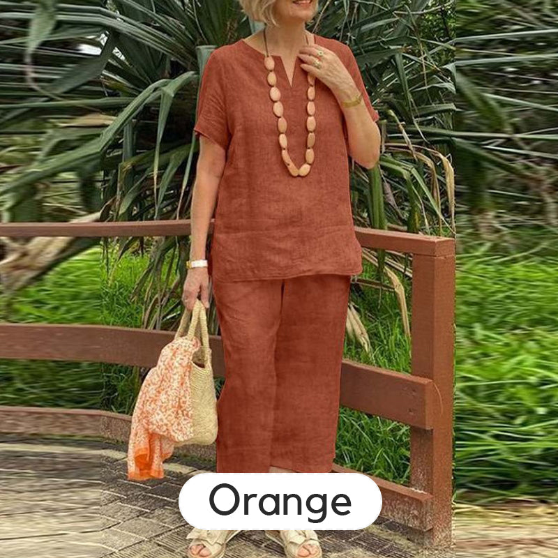 🌞Frühlingserwachen: 50% Rabatt!✨ Damen Lässiges Sommer-Set (Kurzarmhemd + Elastische Bund-Hose)