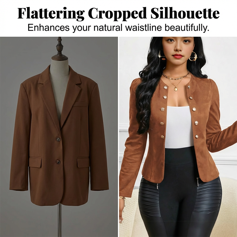 🌞Frühlingserwachen: 50% Rabatt!✨Damen Kragenlose Kunstwildleder-Jacke – Kurze Silhouette, Samtige Textur