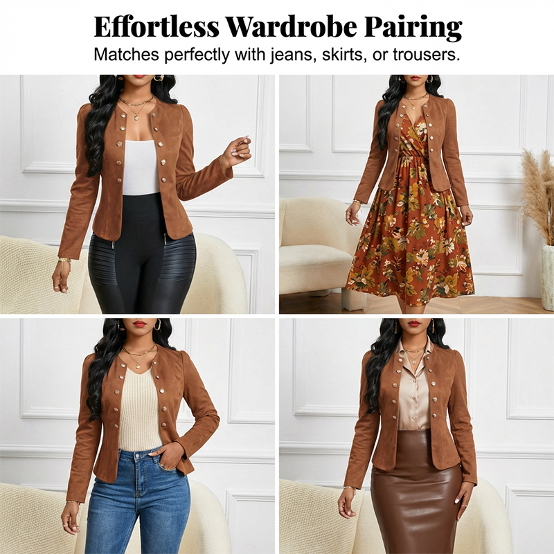 🌞Frühlingserwachen: 50% Rabatt!✨Damen Kragenlose Kunstwildleder-Jacke – Kurze Silhouette, Samtige Textur