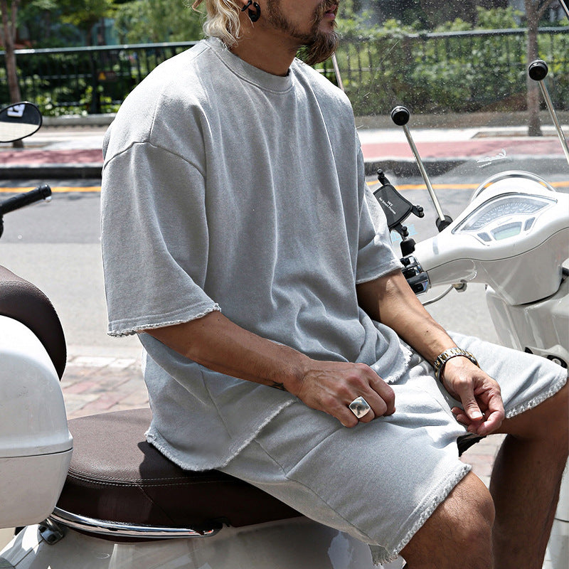 🌞Frühlingserwachen: 50% Rabatt!💎2-Teiler Herren Urban Set: Oversized Kurzarm-Sweatshirt & Shorts mit Raw-Edges