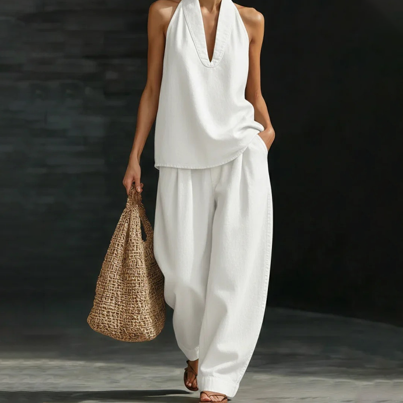 🌞Frühlingserwachen: 50% Rabatt!"Effortless Chic" Zweiteiler: Elegantes Neckholder-Top & weite Hose mit Taschen