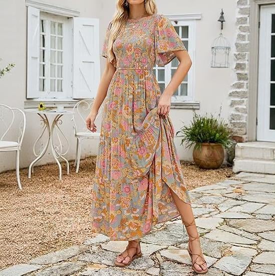 🌷Frühsommer-Sale: 70% Rabatt🌸 Lässiges, geblümtes Maxikleid für den Sommer 2026 mit kurzen, flatternden Ärmeln, Rundhalsausschnitt, geraffter Taille und fließendem Schnitt