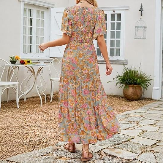 🌷Frühsommer-Sale: 70% Rabatt🌸 Lässiges, geblümtes Maxikleid für den Sommer 2026 mit kurzen, flatternden Ärmeln, Rundhalsausschnitt, geraffter Taille und fließendem Schnitt