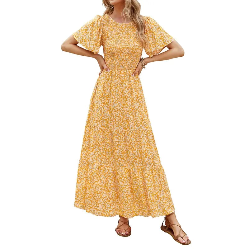 🌷Frühsommer-Sale: 70% Rabatt🌸 Lässiges, geblümtes Maxikleid für den Sommer 2026 mit kurzen, flatternden Ärmeln, Rundhalsausschnitt, geraffter Taille und fließendem Schnitt