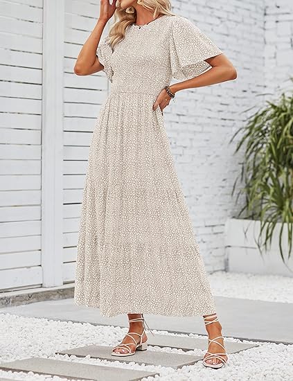 🌷Frühsommer-Sale: 70% Rabatt🌸 Lässiges, geblümtes Maxikleid für den Sommer 2026 mit kurzen, flatternden Ärmeln, Rundhalsausschnitt, geraffter Taille und fließendem Schnitt