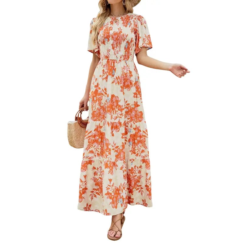 🌷Frühsommer-Sale: 70% Rabatt🌸 Lässiges, geblümtes Maxikleid für den Sommer 2026 mit kurzen, flatternden Ärmeln, Rundhalsausschnitt, geraffter Taille und fließendem Schnitt