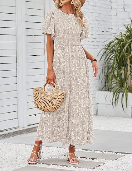 🌷Frühsommer-Sale: 70% Rabatt🌸 Lässiges, geblümtes Maxikleid für den Sommer 2026 mit kurzen, flatternden Ärmeln, Rundhalsausschnitt, geraffter Taille und fließendem Schnitt