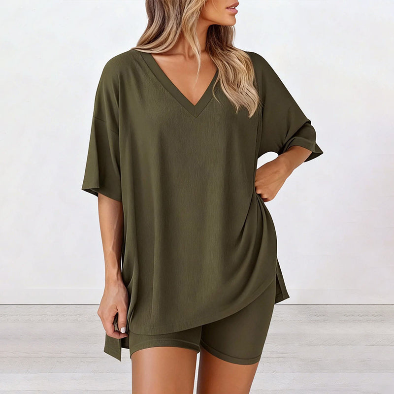 🌞Frühlingserwachen: 50% Rabatt!💎Damen Lounge-Set mit V-Ausschnitt – Knitterfrei & Seidig Weich für Deinen Wohlfühl-Moment