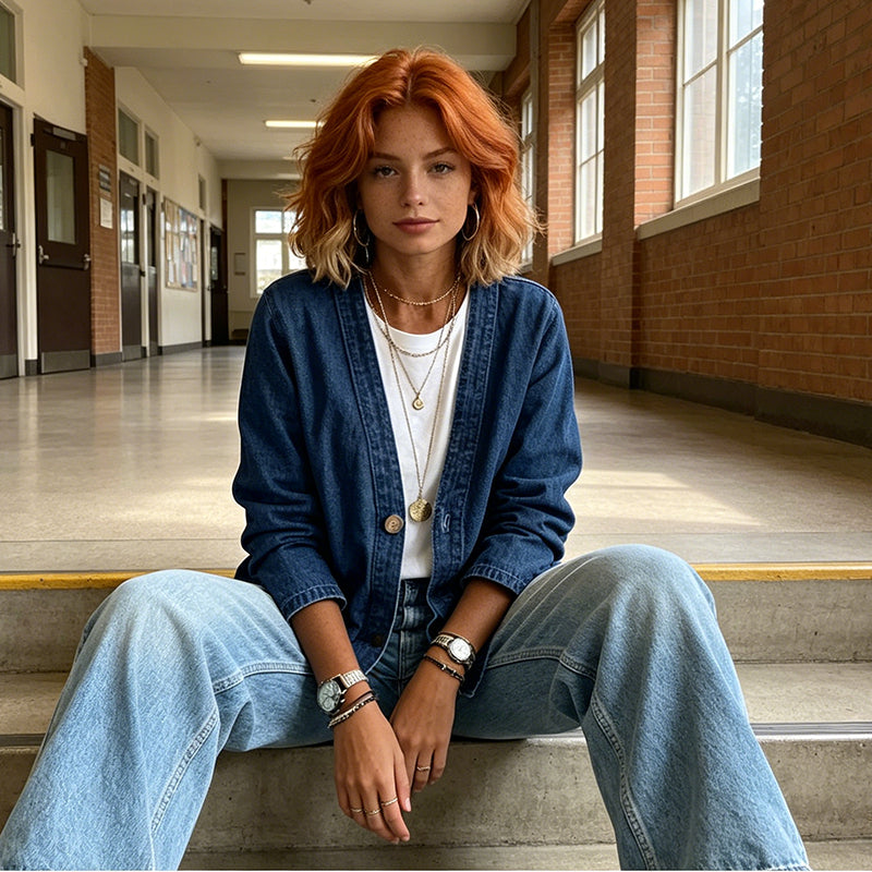 🌞Frühlingserwachen: 50% Rabatt!📿"Boho-Chic" Jeans-Cardigan: Kragenlose Denim-Jacke mit V-Ausschnitt & Holzknöpfen