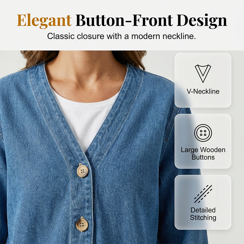 🌞Frühlingserwachen: 50% Rabatt!📿"Boho-Chic" Jeans-Cardigan: Kragenlose Denim-Jacke mit V-Ausschnitt & Holzknöpfen