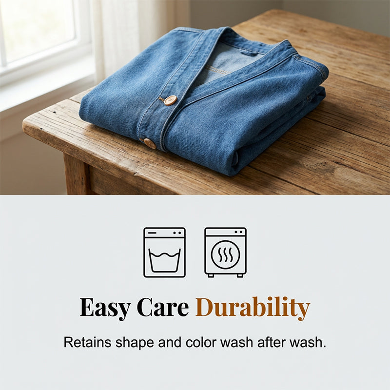 🌞Frühlingserwachen: 50% Rabatt!📿"Boho-Chic" Jeans-Cardigan: Kragenlose Denim-Jacke mit V-Ausschnitt & Holzknöpfen