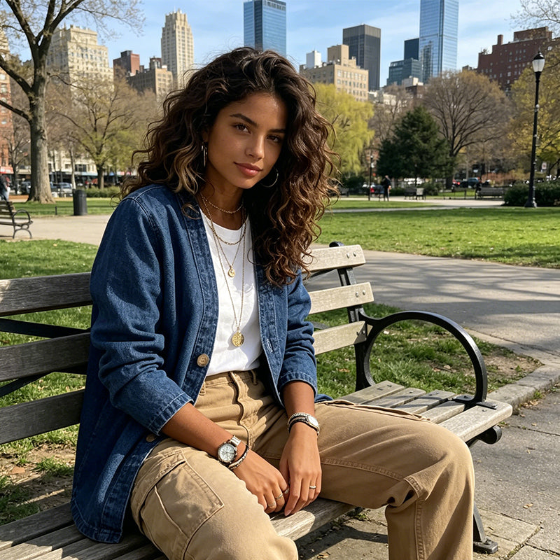 🌞Frühlingserwachen: 50% Rabatt!📿"Boho-Chic" Jeans-Cardigan: Kragenlose Denim-Jacke mit V-Ausschnitt & Holzknöpfen