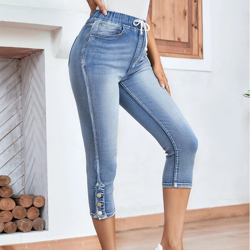 Women's Stretch Capri Jeans with Drawstring Waist