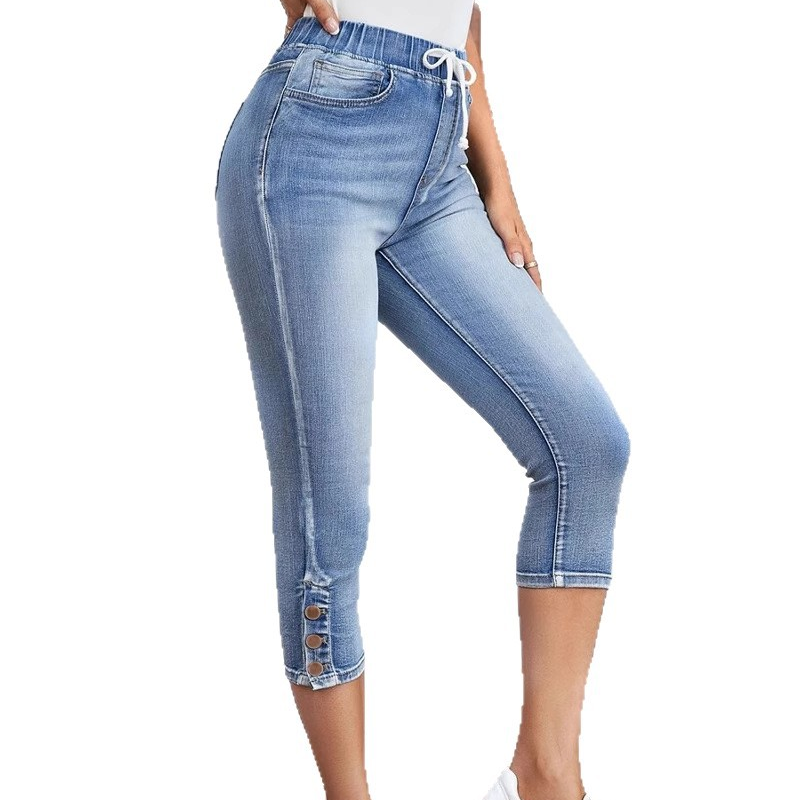 Women's Stretch Capri Jeans with Drawstring Waist