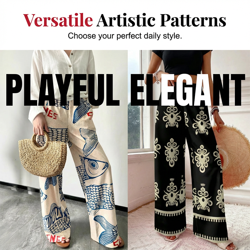 Women's Artistic Fish Print Wide-Leg Pants