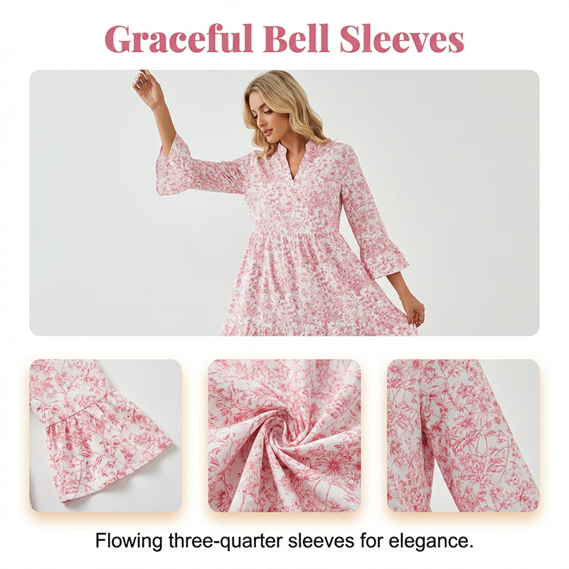 Elegantes V-Ausschnitt Midikleid mit Premium-Drape – Blumiges Stufenkleid