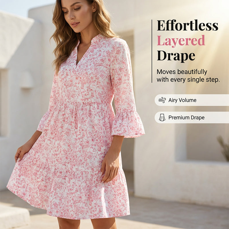 Elegantes V-Ausschnitt Midikleid mit Premium-Drape – Blumiges Stufenkleid